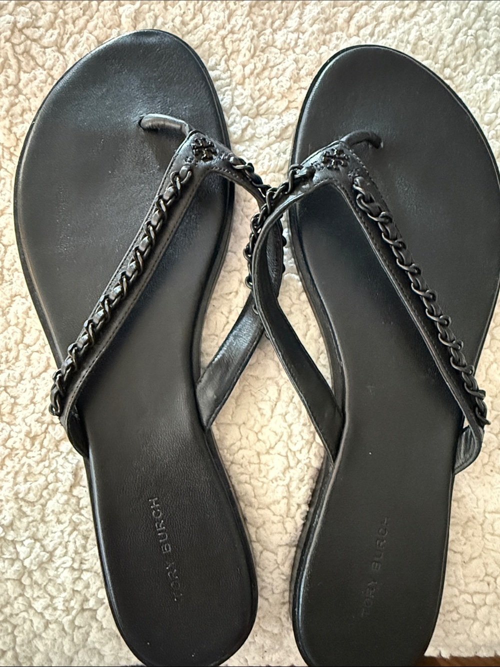Tory Burch Black Chain-Trim Leather Flip Flop Sandals